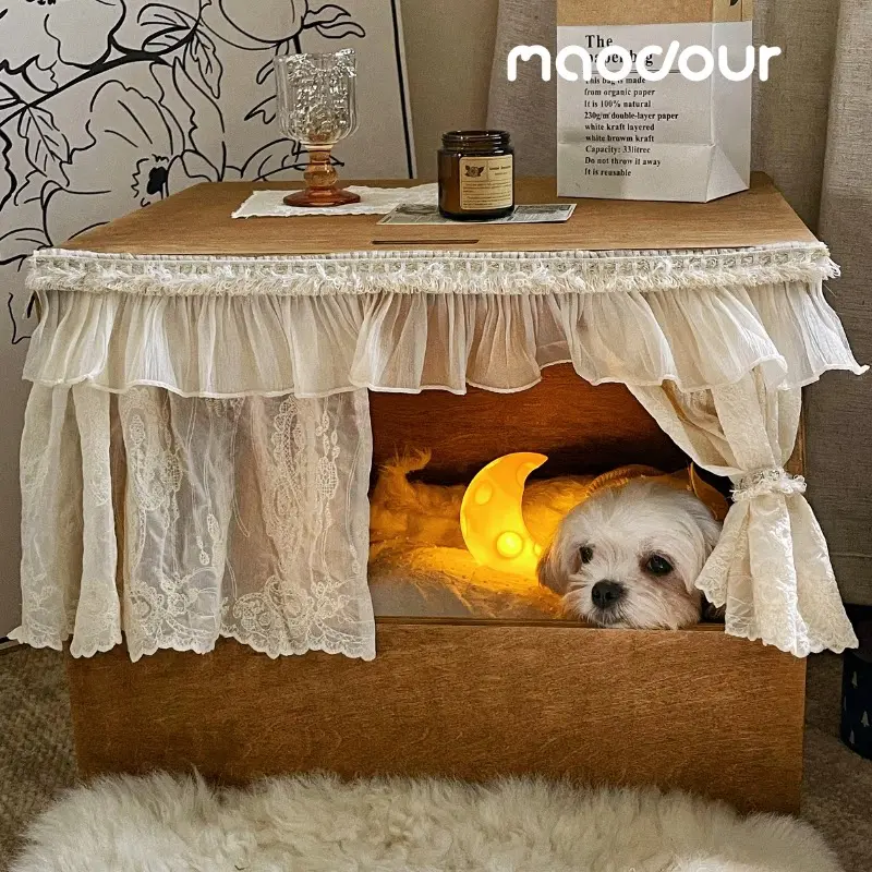 solid wood pet bed - Curtained Lift-Top Wooden Pet House